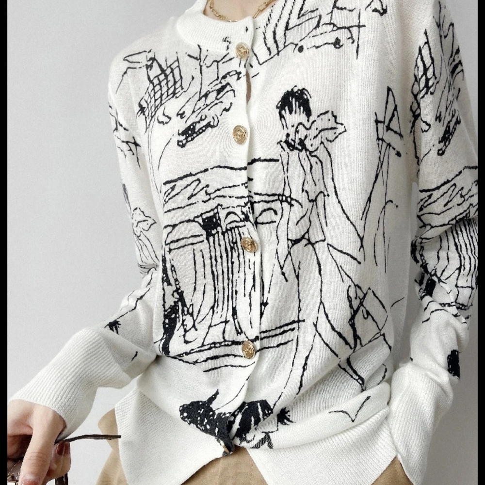 Graffiti Digital Jacquard Fine Imitation Fashion Wool Knitted Cardigan - Picture 5 of 5